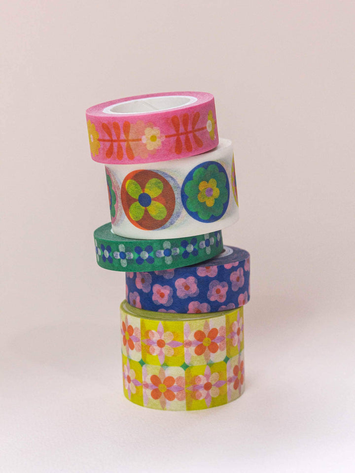 Folk Fleurs 25mm • Retro Flowers Wide Washi Tape