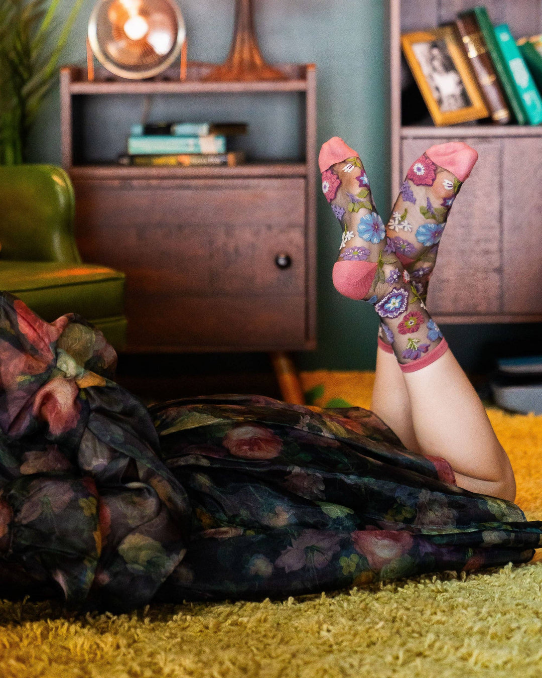 Dark Burgundy Floral Sheer Sock