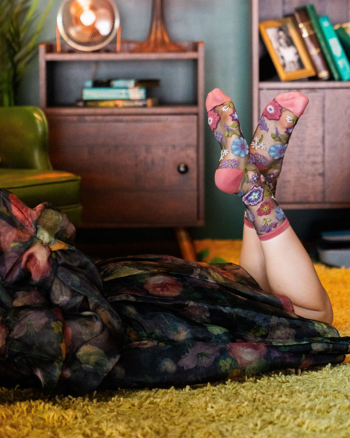 Dark Burgundy Floral Sheer Sock
