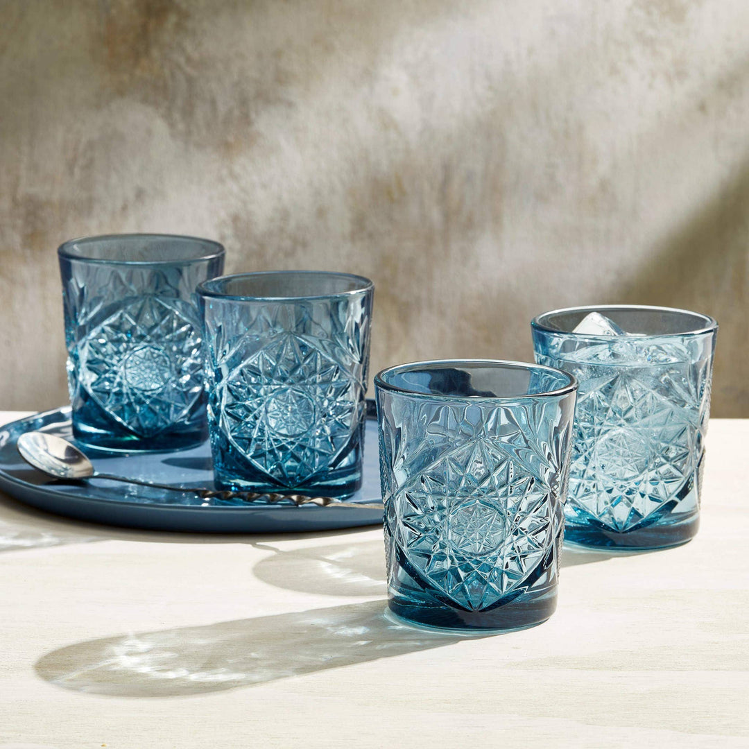 Libbey Hobstar Blue Rocks DOF Glasses, 12oz, Set of 4