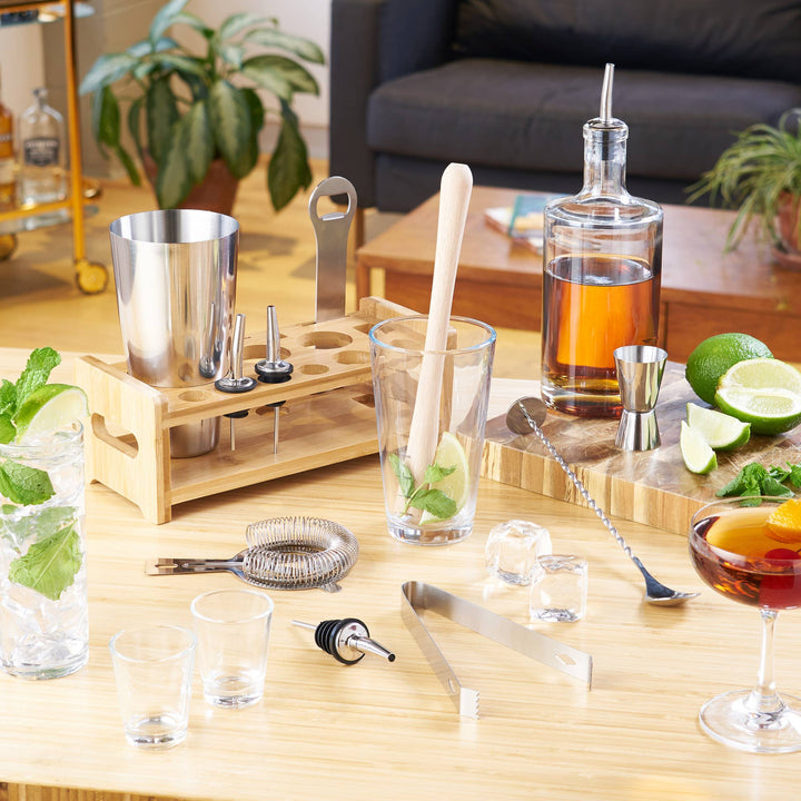 Ultimate Essential Bar Tool Set with Wooden Stand Set of 14