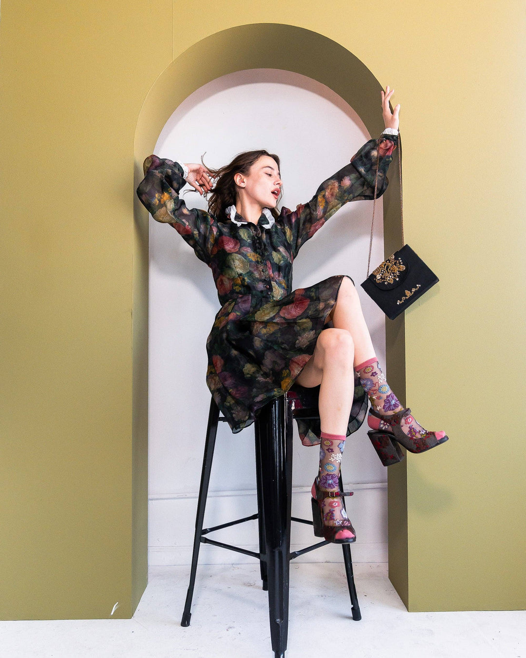 Dark Burgundy Floral Sheer Sock