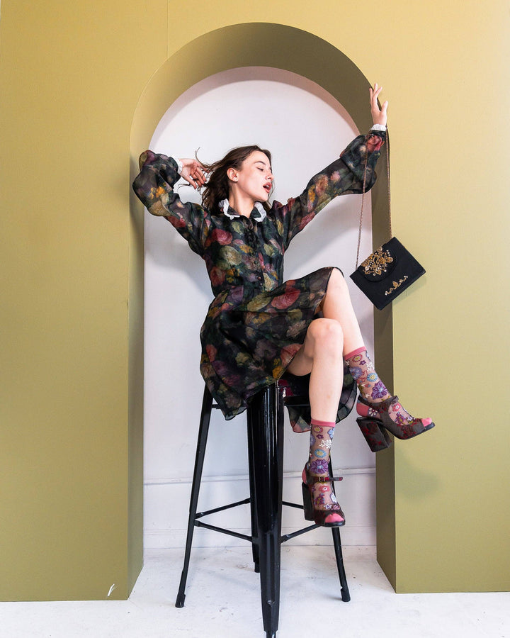 Dark Burgundy Floral Sheer Sock