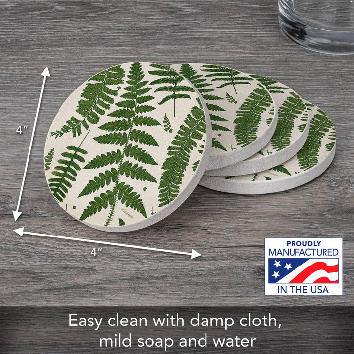 "Ferns" 4pk Round Natural Sandstone Coaster
