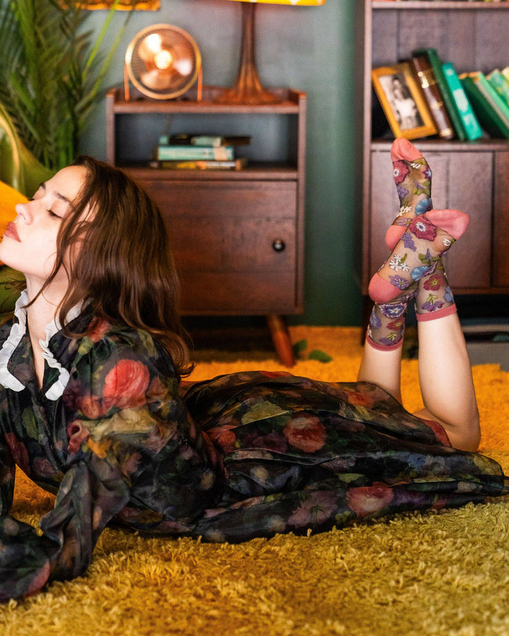Dark Burgundy Floral Sheer Sock