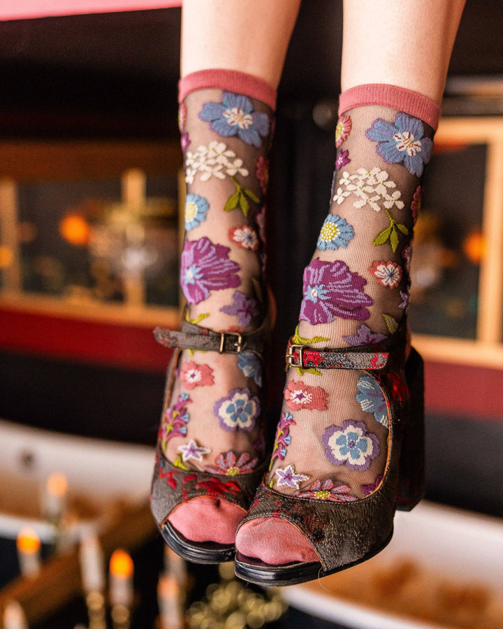 Dark Burgundy Floral Sheer Sock