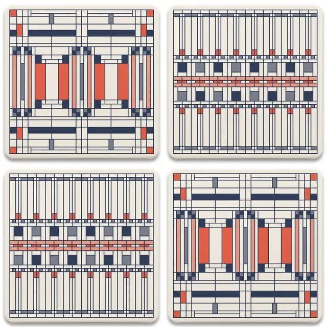 FLW "Oak Park " 4 Pack Assorted Image Coaster Set 4.25"