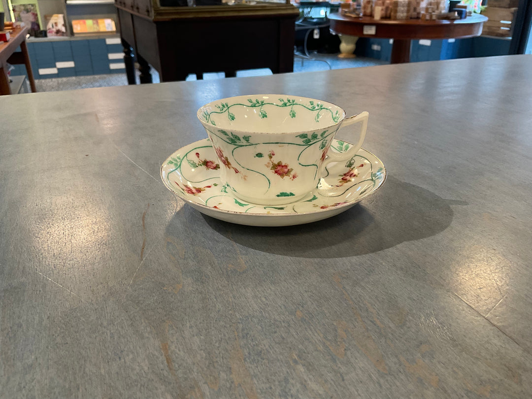 Vintage Green + White Cup & Saucer